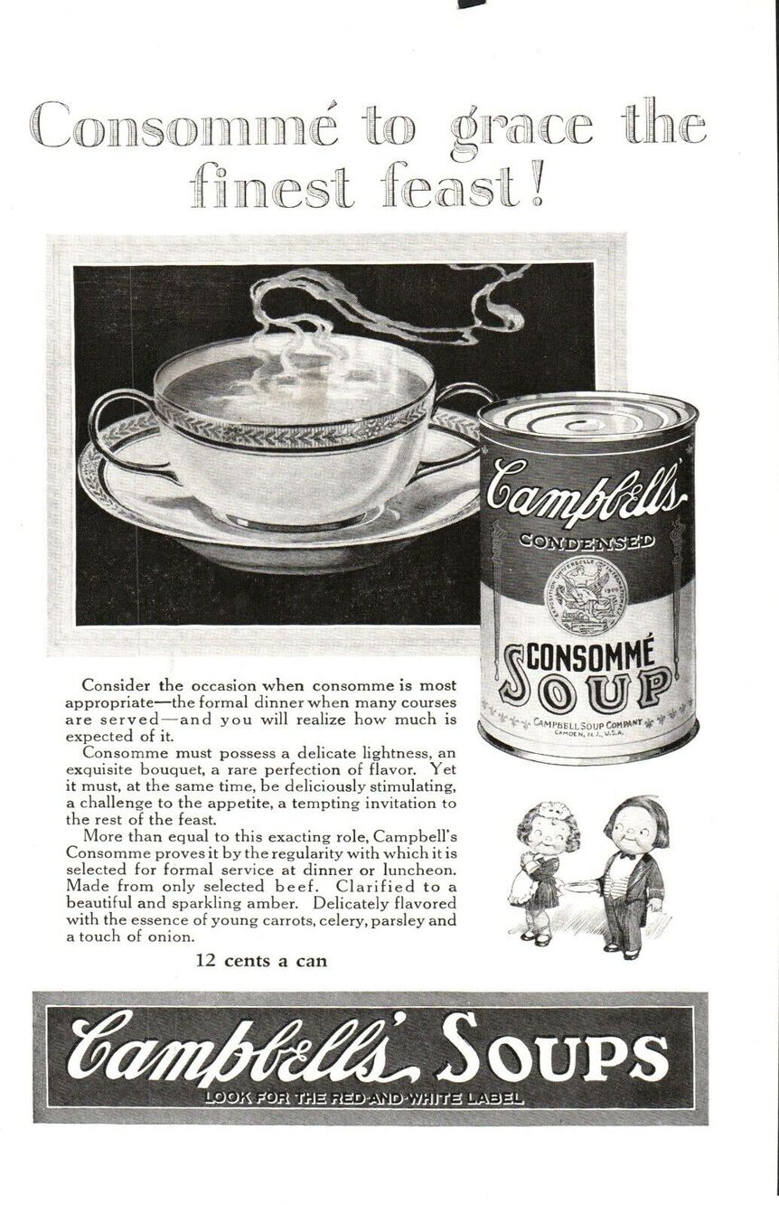VTG 1925 Campbell's Consomme Soup Kitchen Food Ephemera 1920s Print Ad Near Mint